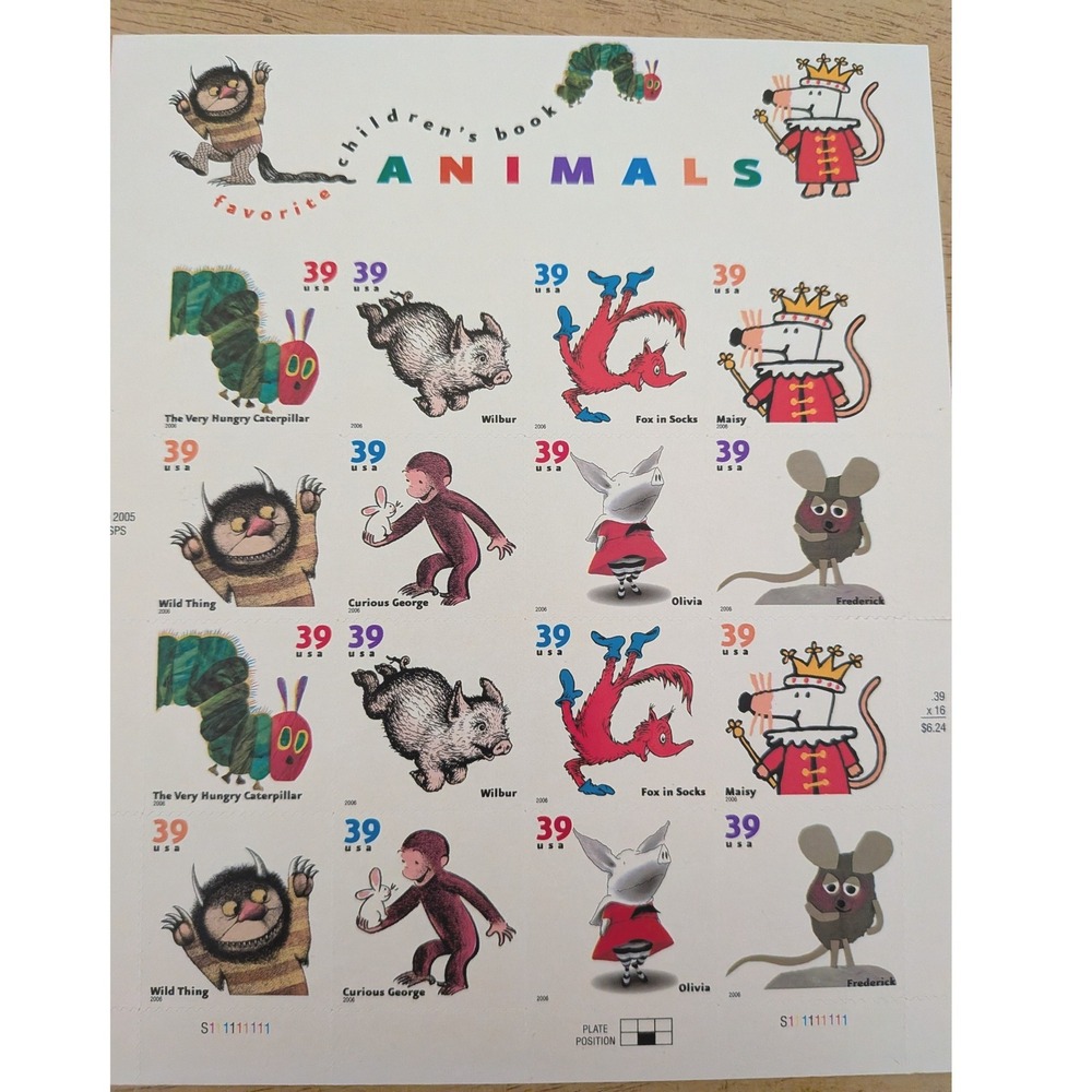 USPS 2006 Childrens Book Animals 39c Postage Stamp Sheet 16ct Hungry Caterpillar